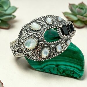 Carolyn Pollack Relios Sterling 925 Mother Of Pearl Onyx Buckle Cuff Bracelet